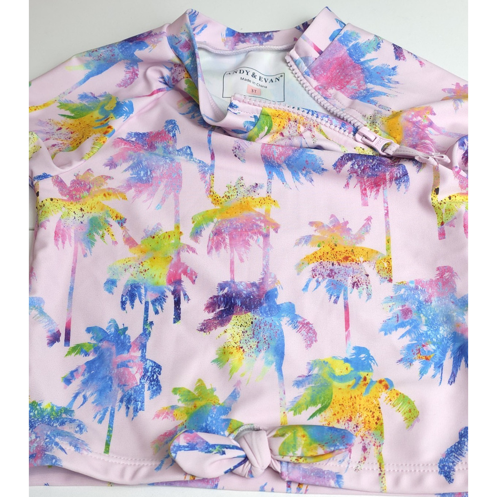 Andy & Evan Girl‎ 3T Swim Rash Guard Shirt Mock Neck Zip Palm Trees Pink Beach - Picture 7 of 9